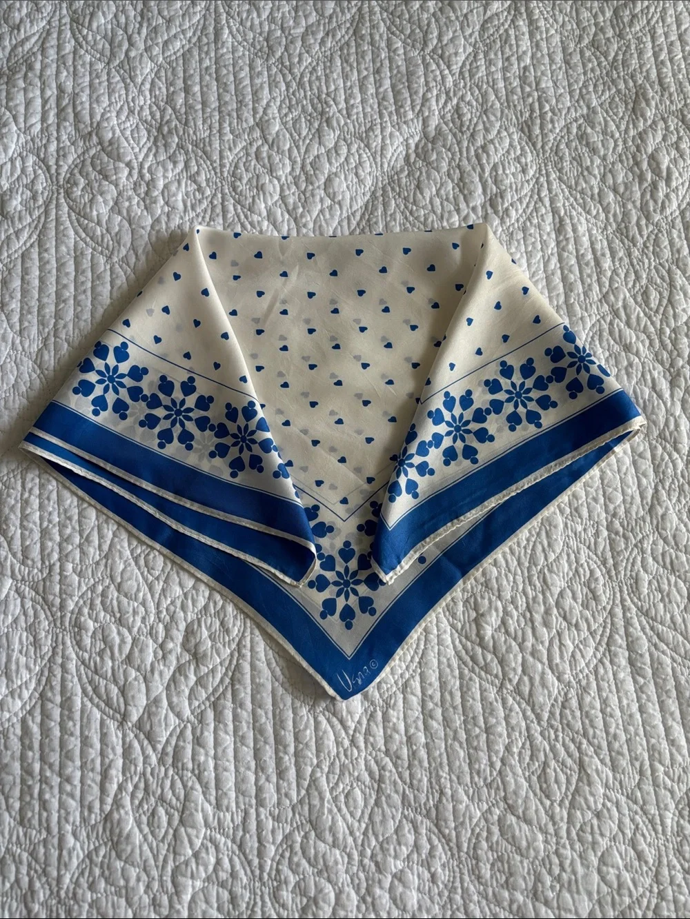 Vintage Vera Neumann Square Blue & White Floral Heart Scarf Silk Rayon?